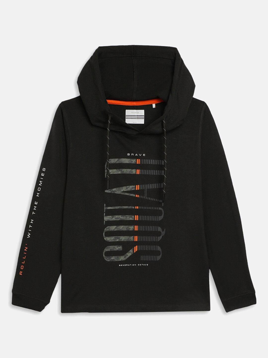 Octave Boys Olive Green Typography Hooded T-shirt