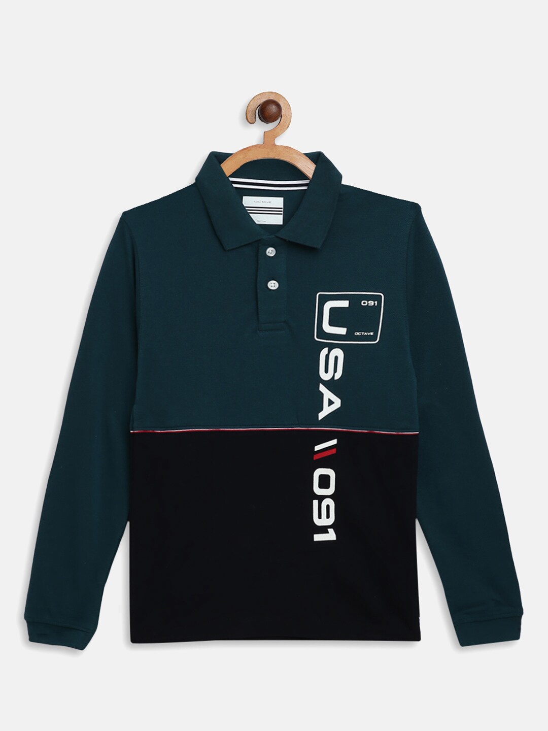 

Octave Boys Teal Green & Black Colourblocked Polo Collar Cotton T-shirt