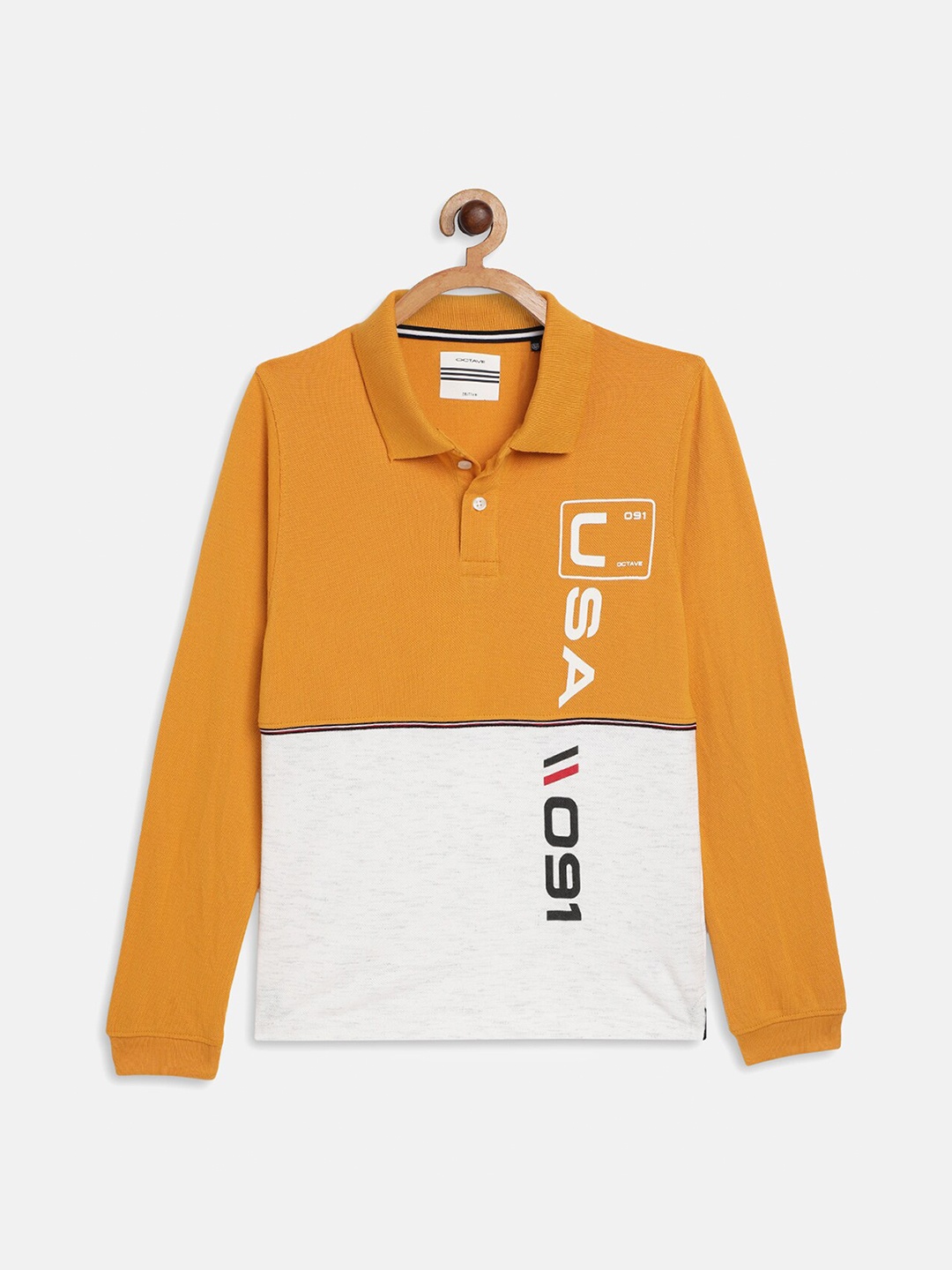 

Octave Boys Mustard Yellow & White Colourblocked Polo Collar Cotton T-shirt