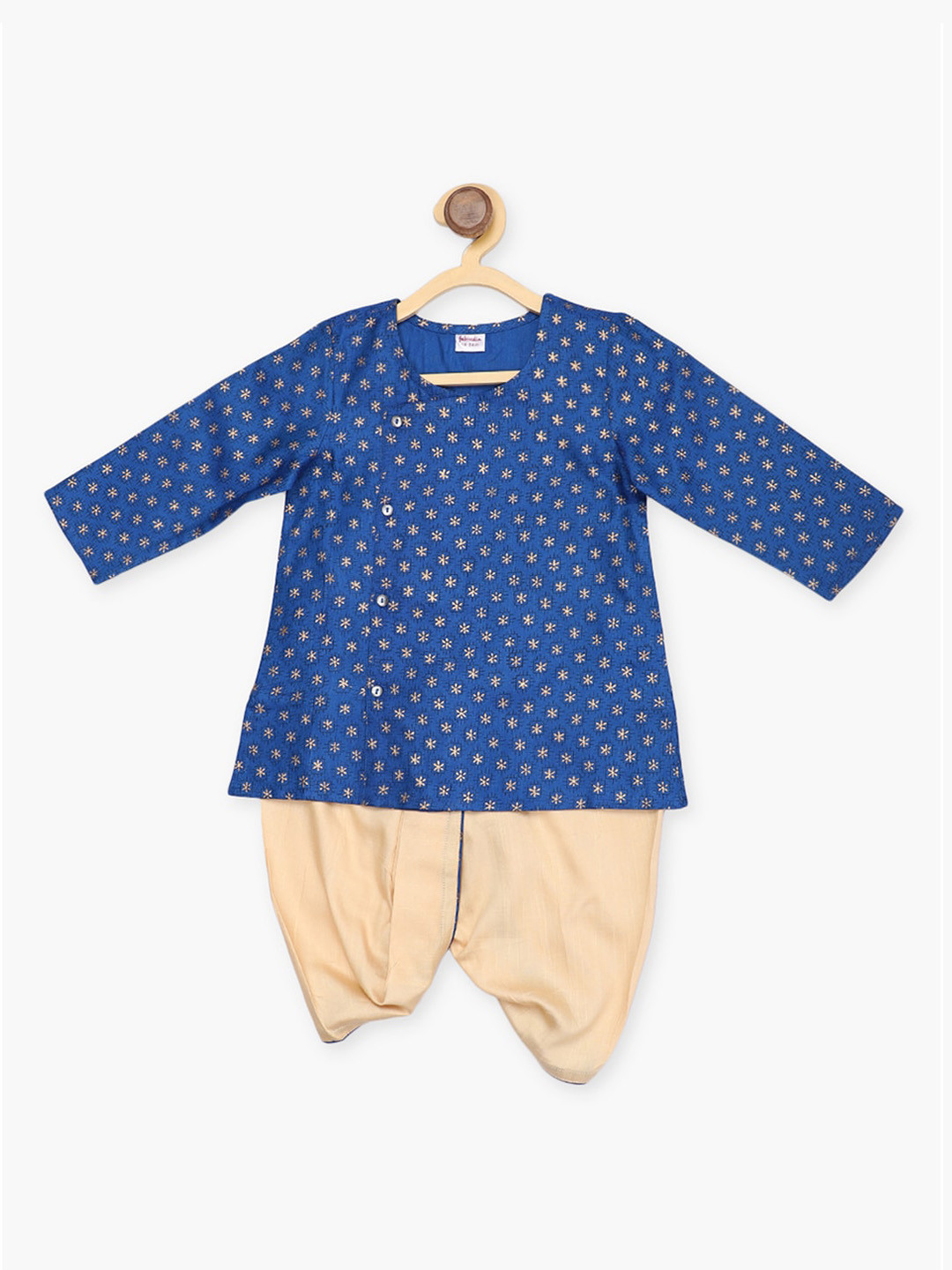 

Fabindia Boys Navy Blue & Beige Floral Printed Angrakha Kurta with Dhoti Pants