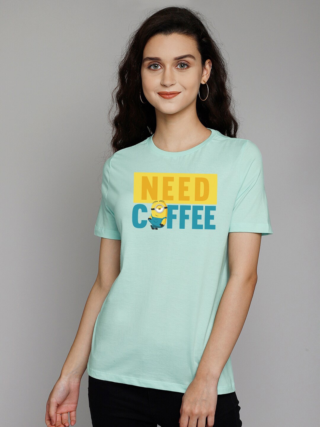 Free Authority Women Green Pure Cotton Typography Minions Printed T-shirt
