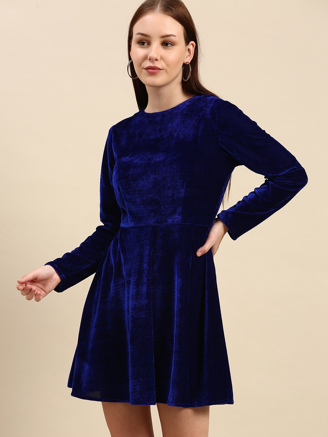 

DODO & MOA Navy Blue Solid Velvet Finish Mini Dress