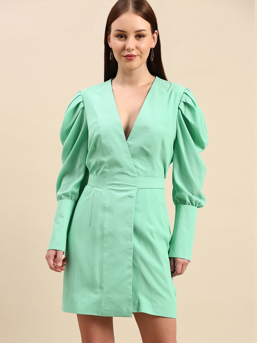 

DODO & MOA Sea Green Solid Bishop Sleeves Crepe Mini Blazer Dress
