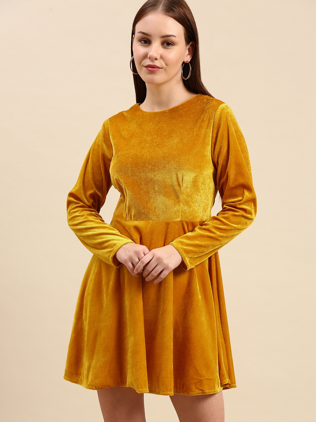 

DODO & MOA Mustard Yellow Solid Velvet Finish Mini Dress