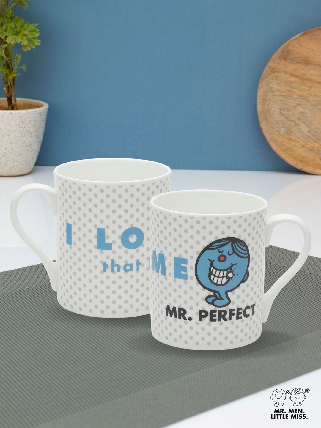 

CLAY CRAFT White & Blue Mr. Perfect Printed Ceramic Glossy Set of 2 Mugs