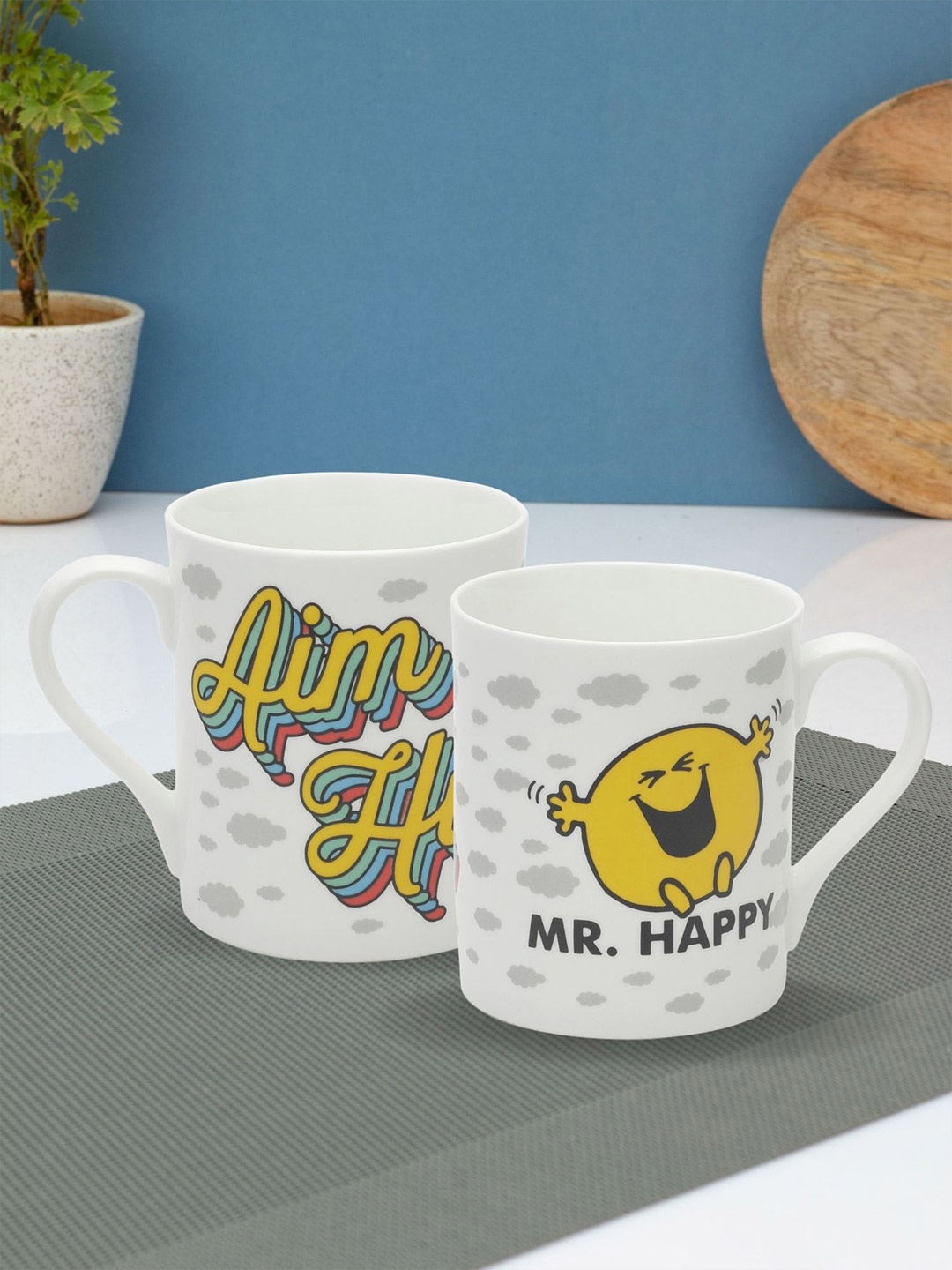 

CLAY CRAFT White & Yellow 2 Pieces Text Printed Ceramic Glossy Mugs-350 ml