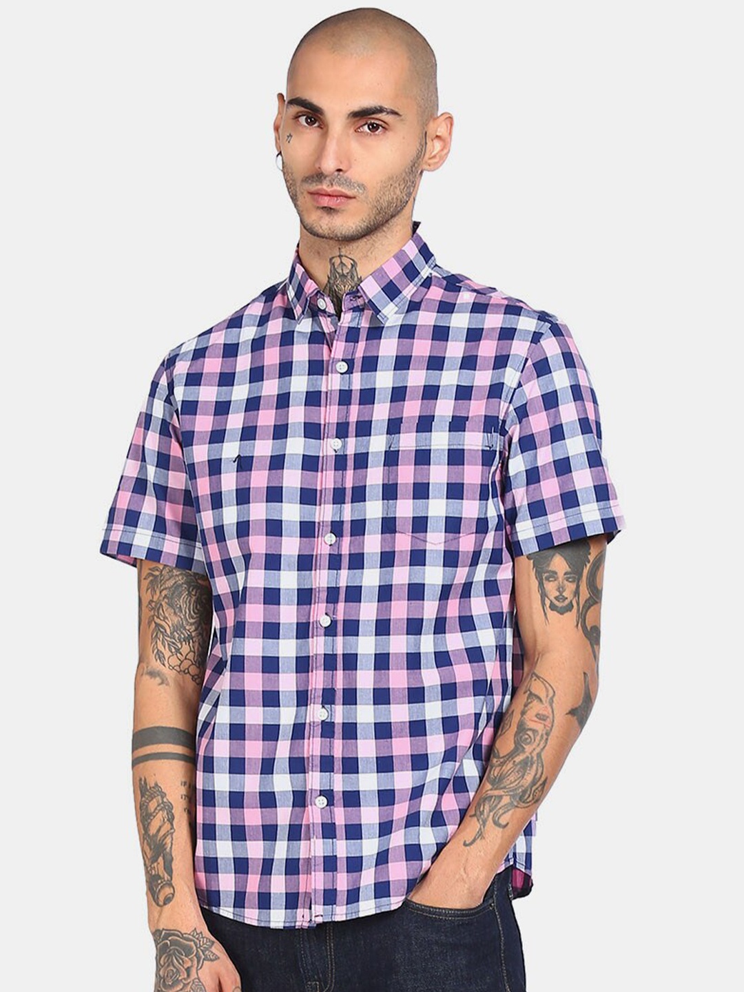 

Ruggers Men Navy Blue Gingham Checks Casual Shirt