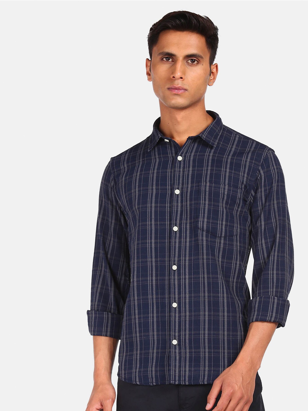 

Ruggers Men Blue Pure Cotton Checked Casual Shirt