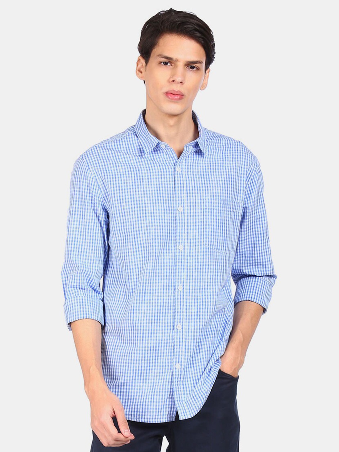 

Ruggers Men Blue Pure Cotton Micro Checks Casual Shirt