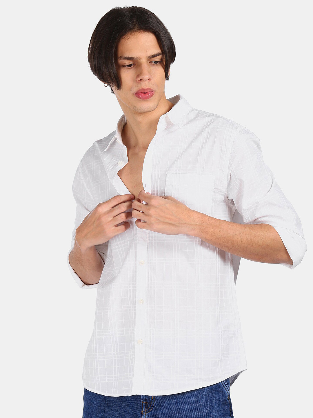 

Ruggers Men White Pure Cotton Self Design Checks Casual Shirt