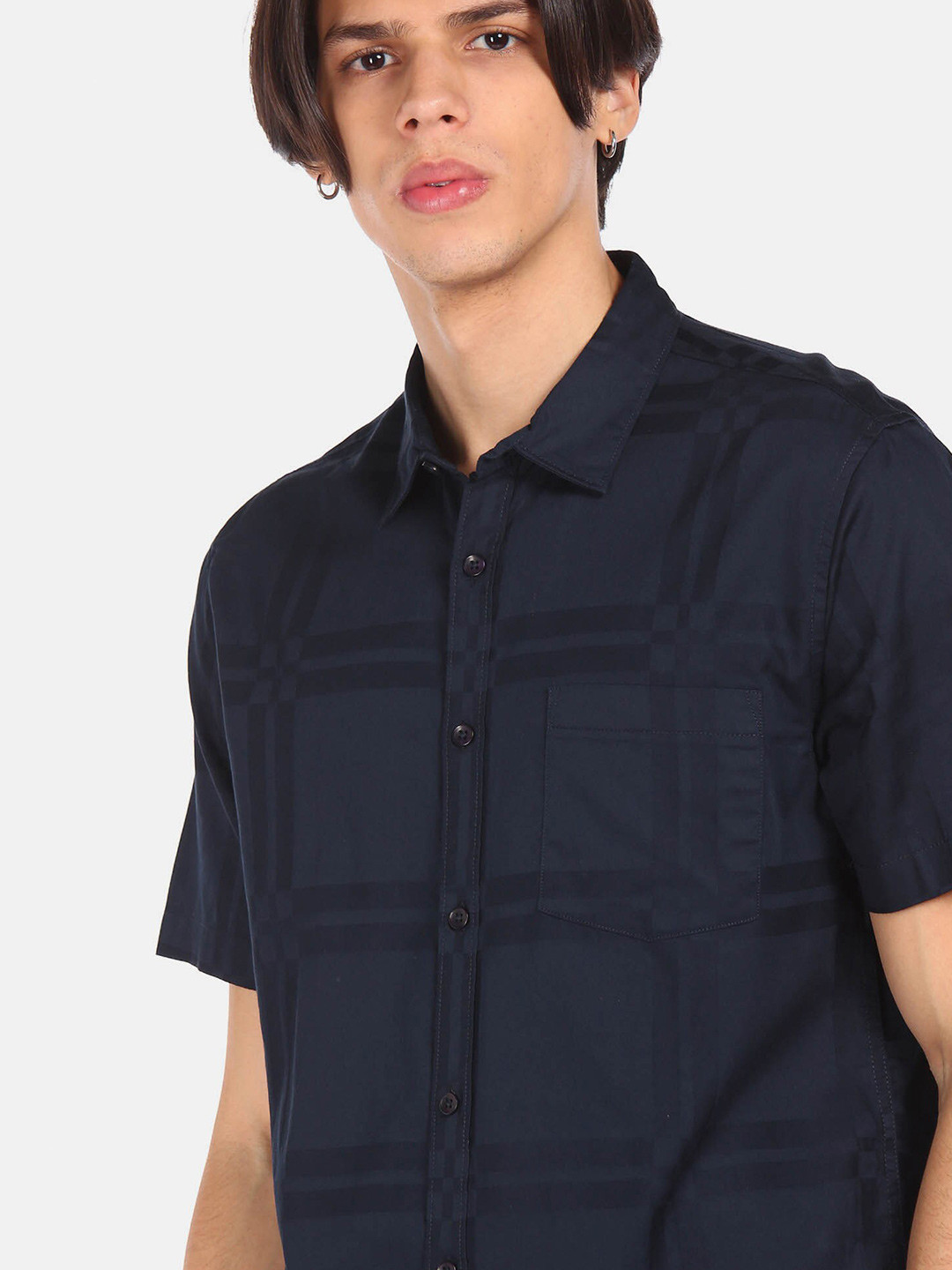 

Ruggers Men Navy Blue Pure Cotton Check Printed Casual Shirt