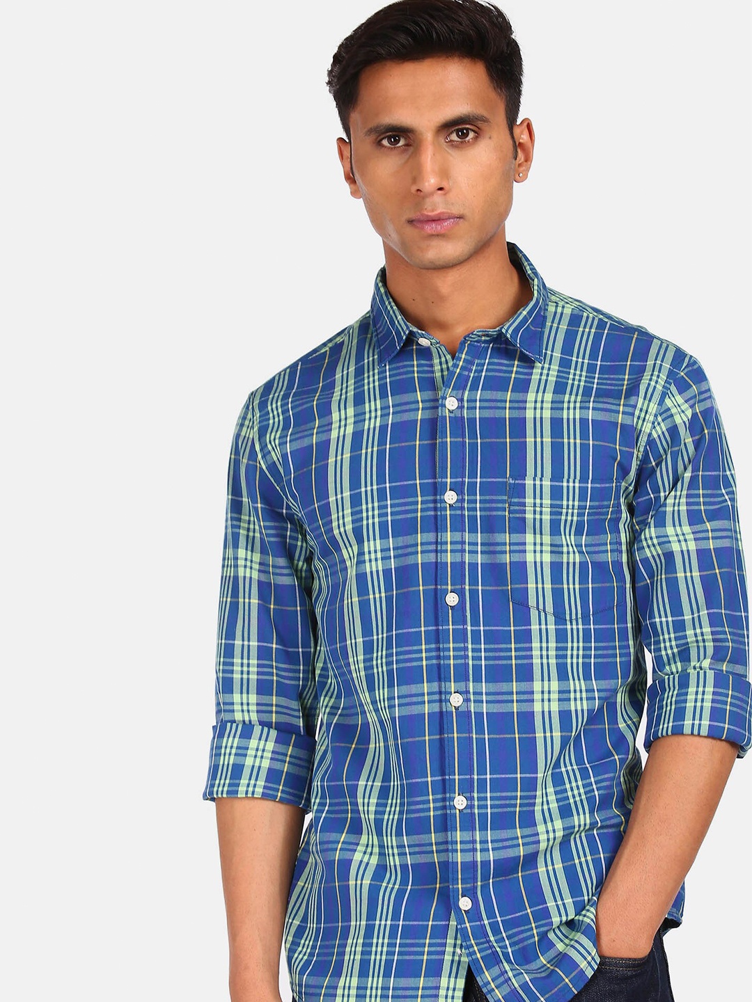 

Ruggers Men Blue Pure Cotton Tartan Checks Casual Shirt