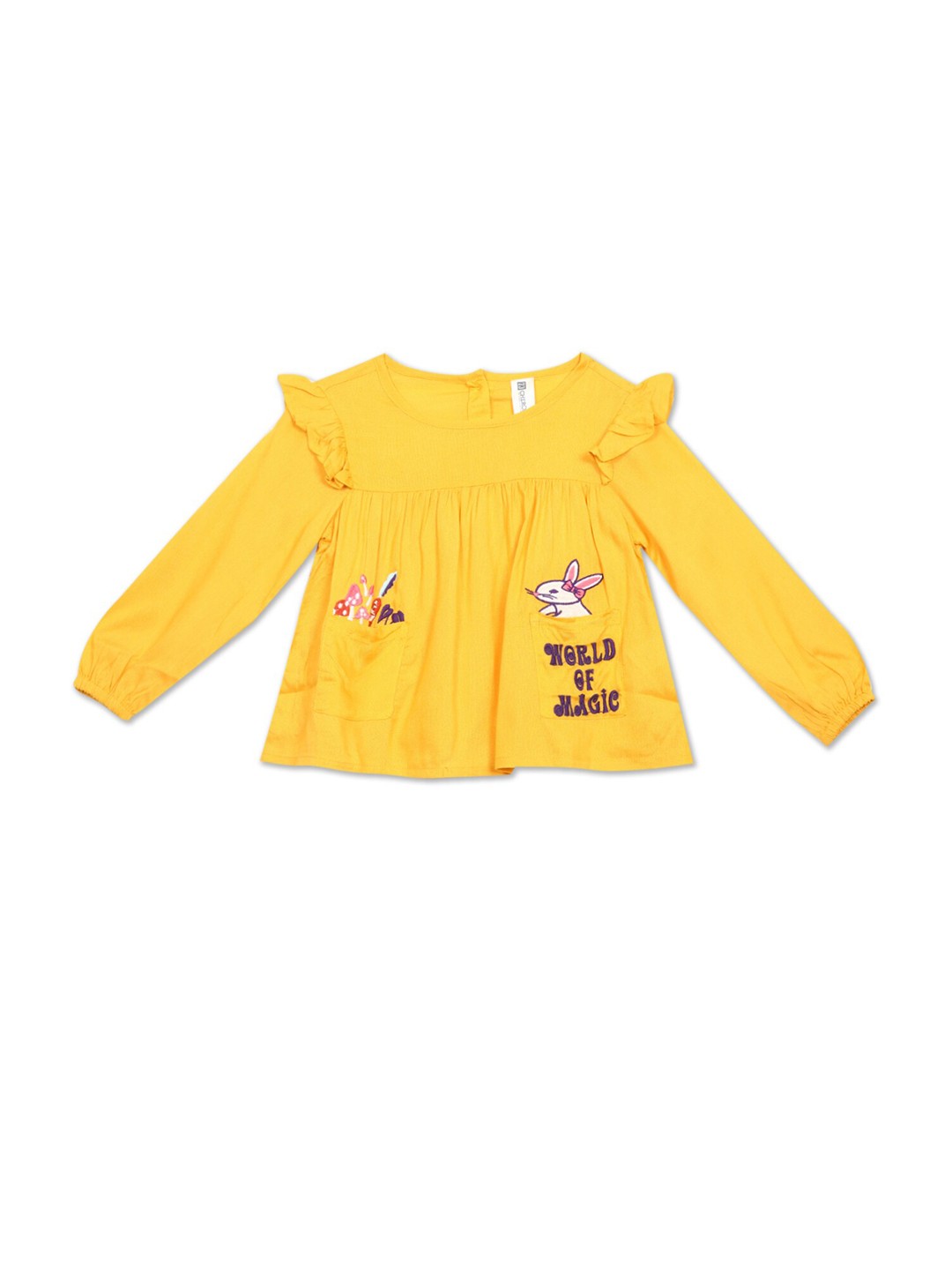 

Cherokee Girls Gold-Toned & Pink Printed Ruffles Cotton A-Line Top