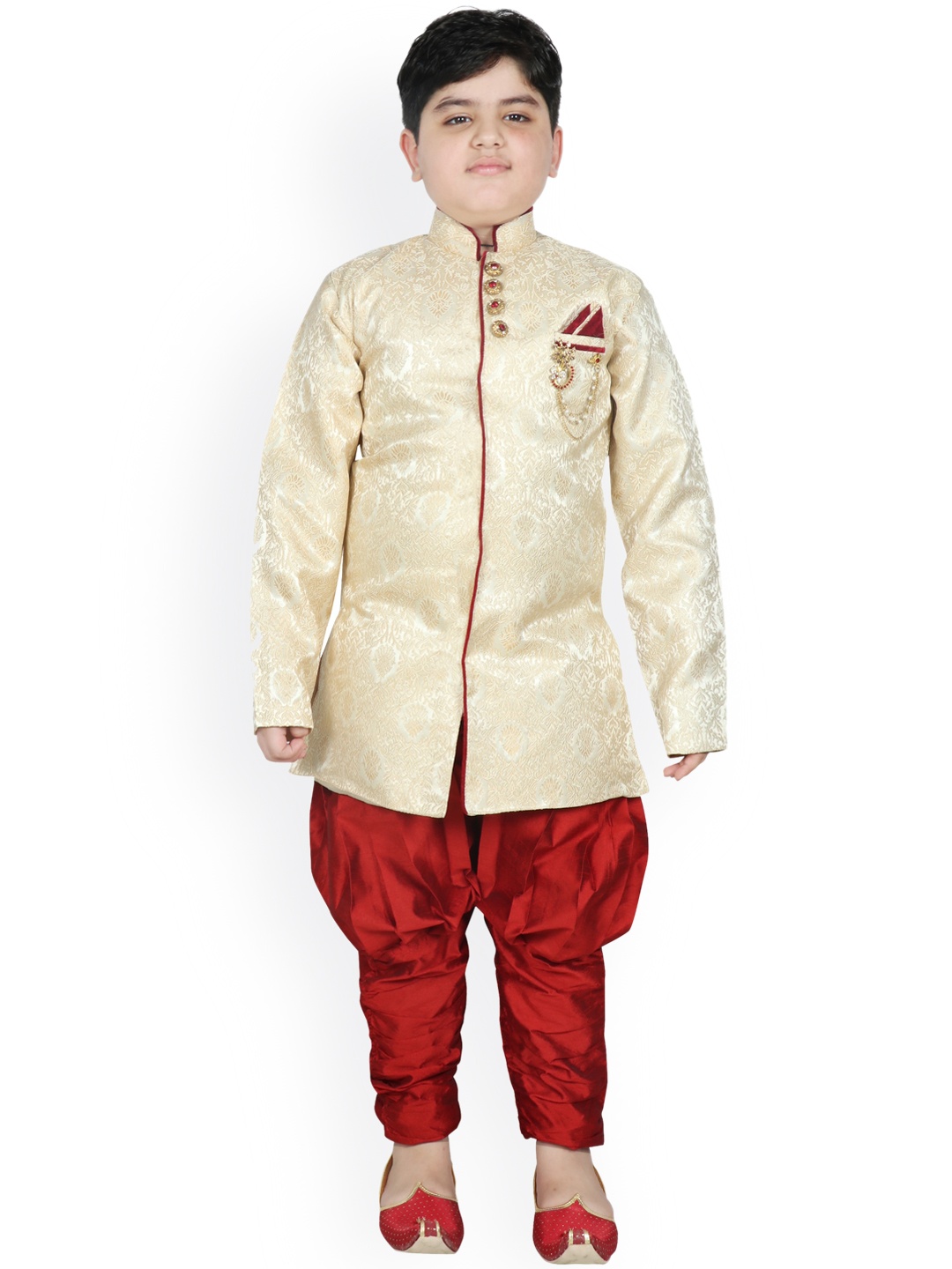 

SG YUVRAJ Boys Cream-Coloured & Red Printed Sherwani With Dhoti Pants