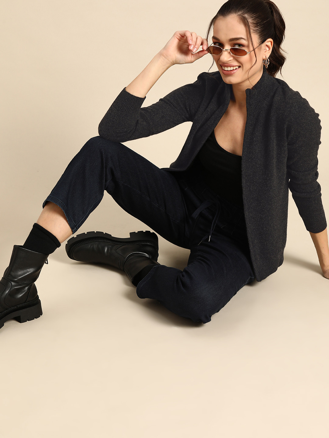 

United Colors of Benetton Women Charcoal Grey Solid Cardigan