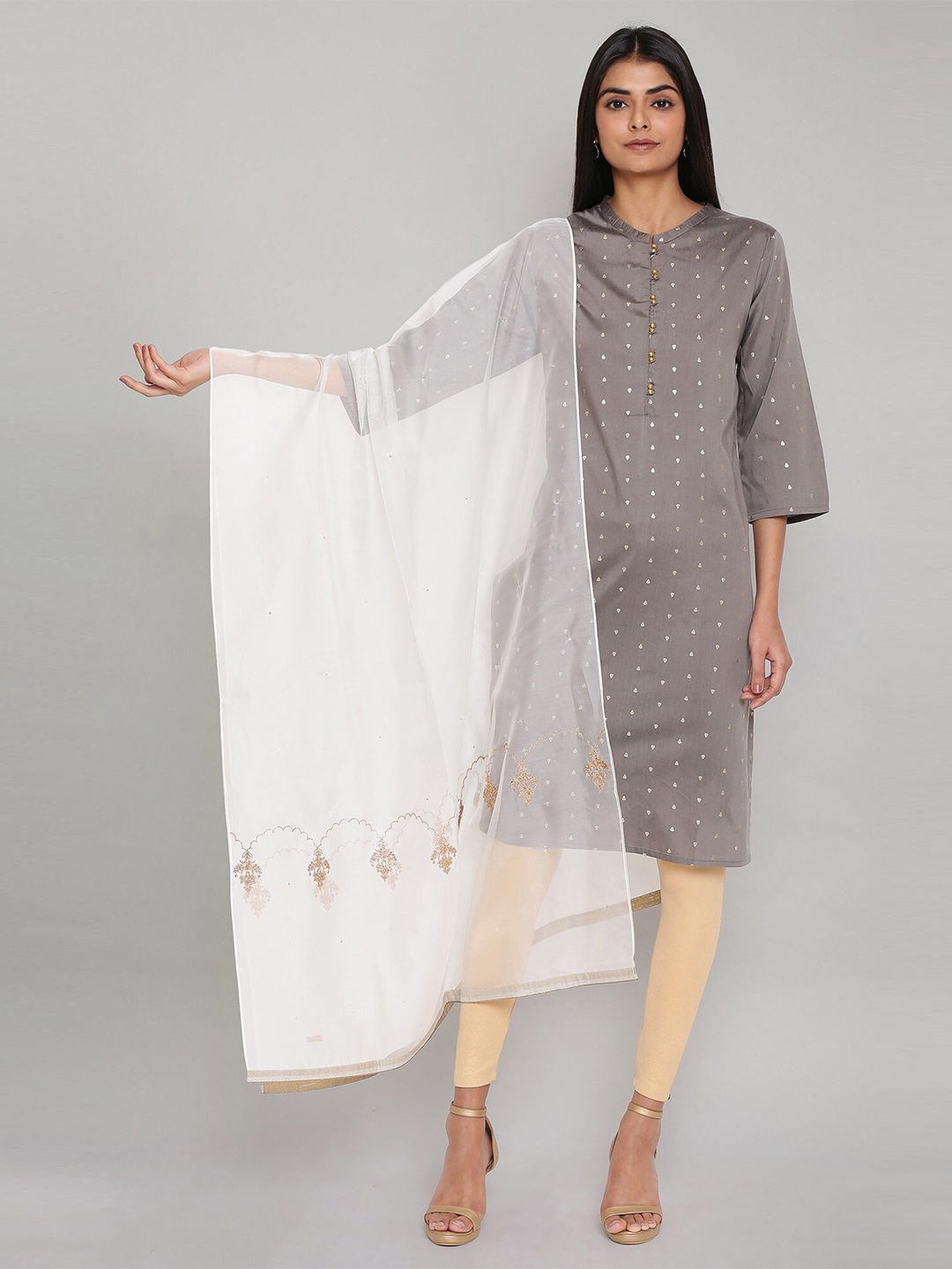 

W White & Gold-Toned Ethnic Motifs Embroidered Dupatta
