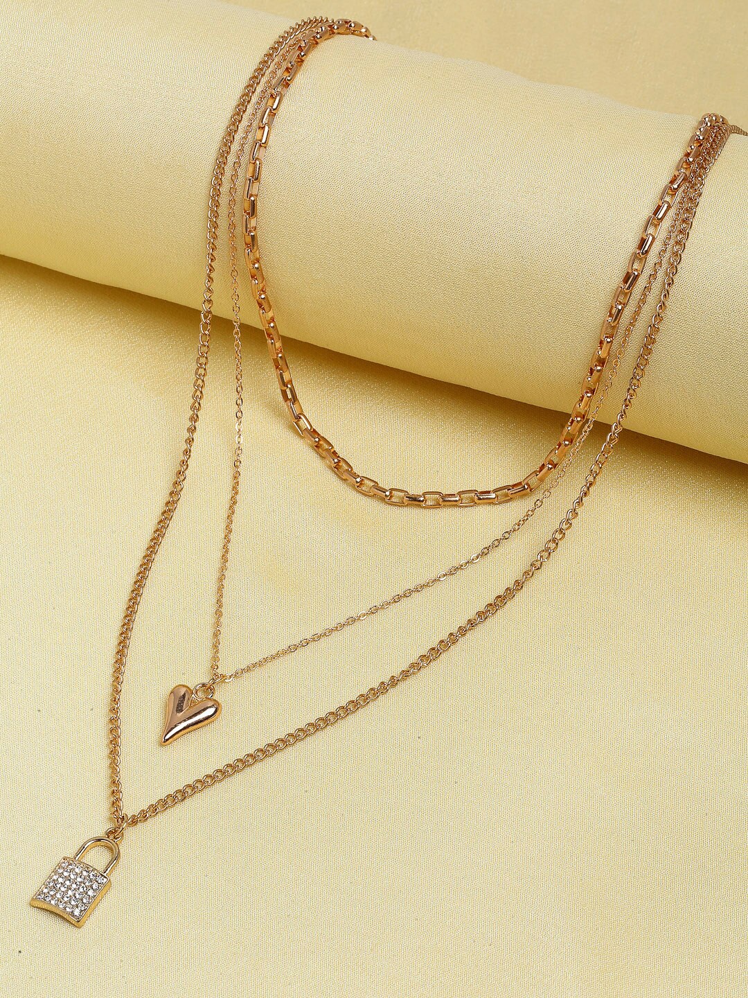 

Ferosh Women Gold-Plated Auwai Lock and Heart Layered Necklace