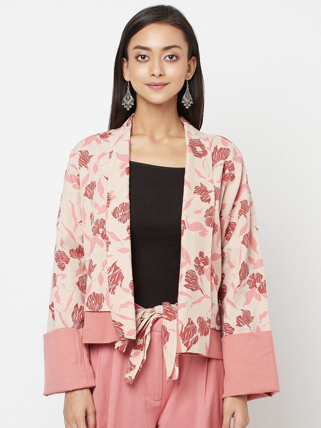 

Fabindia Women Pink & Cream-Coloured Printed Cotton Linen Shrug