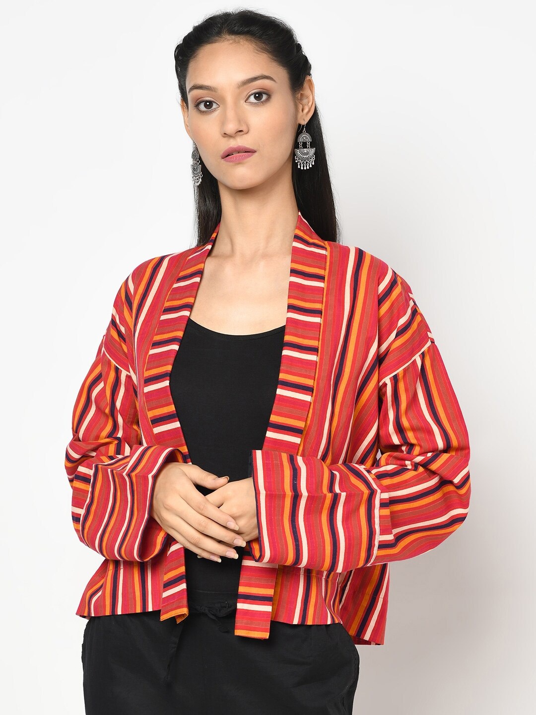

Fabindia Women Red & Black Striped Cotton Open Front Shrug