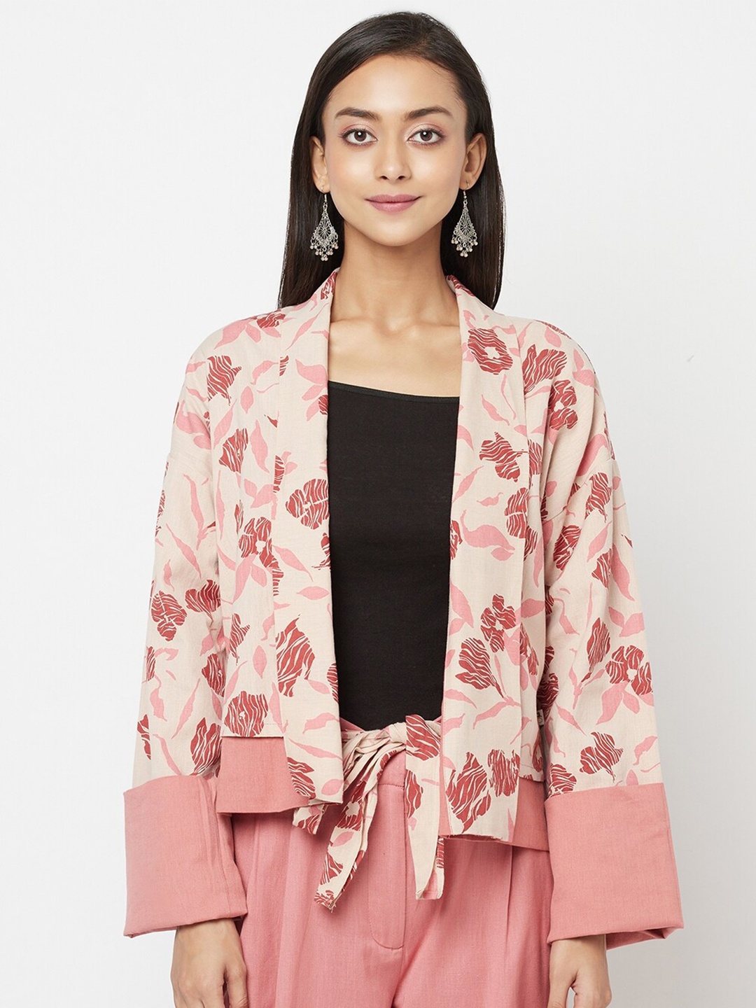 

Fabindia Women Cream-Coloured & Pink Printed Shrug