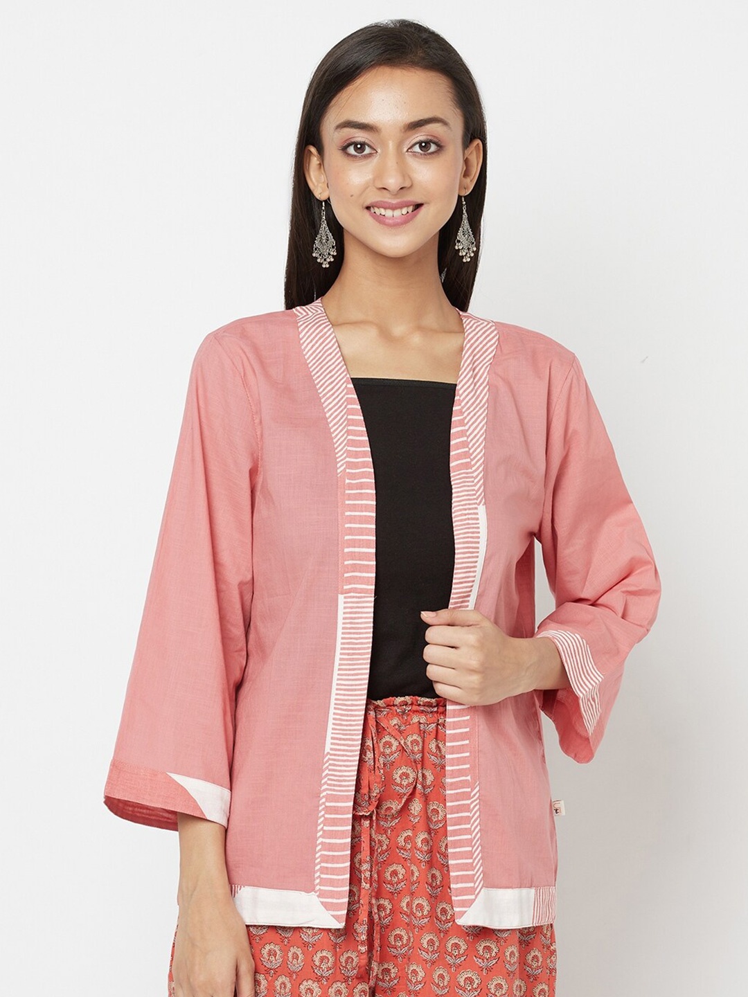 

Fabindia Women Pink & White Solid Open Front Shrug