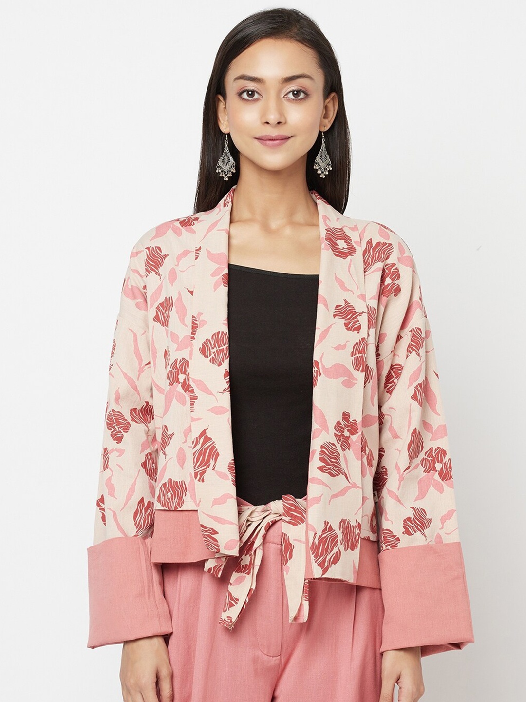 

Fabindia Women Cream-Coloured & Pink Printed Shrug