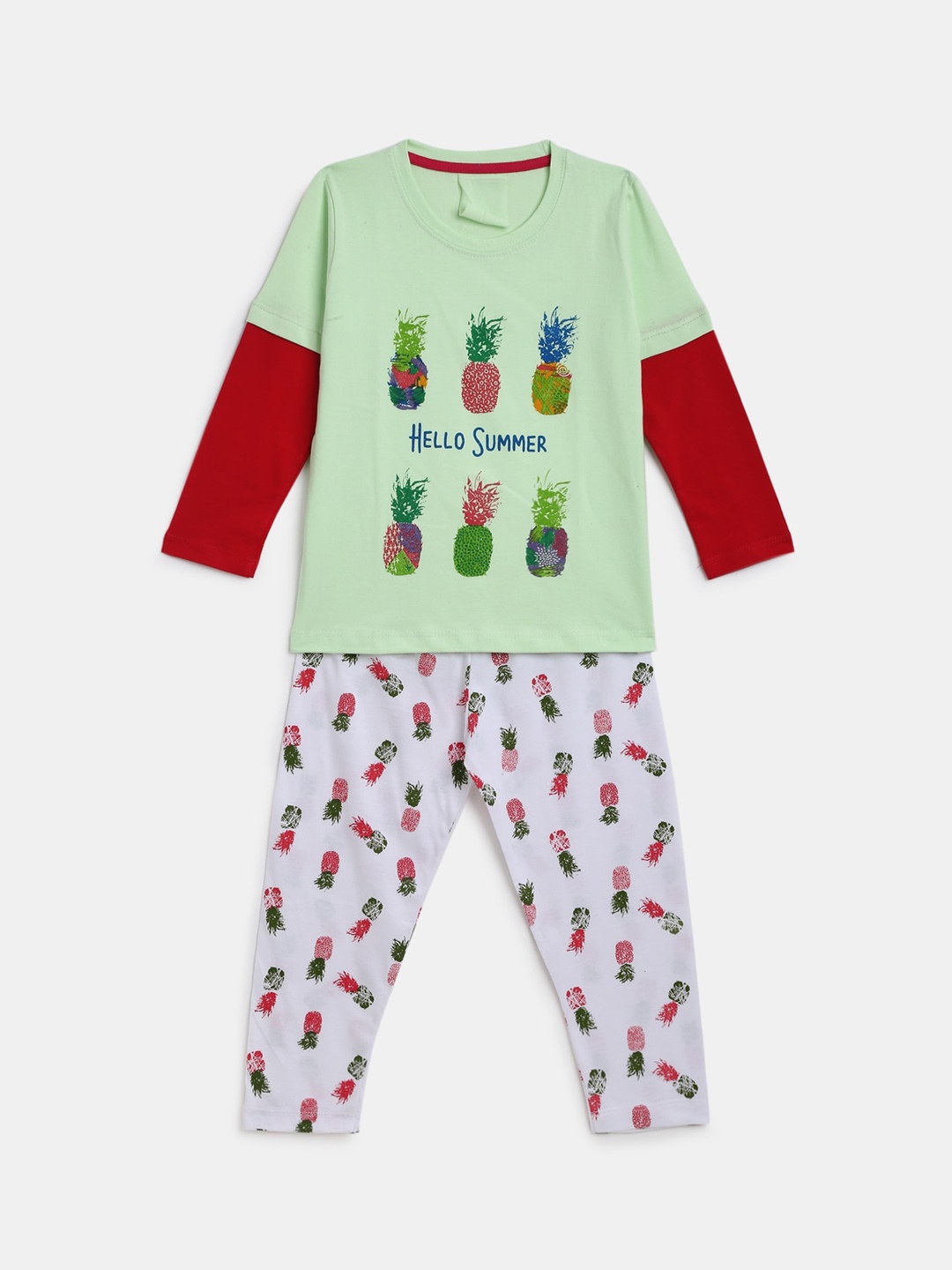 

KIDSCRAFT Girls Green & White Printed Night suit