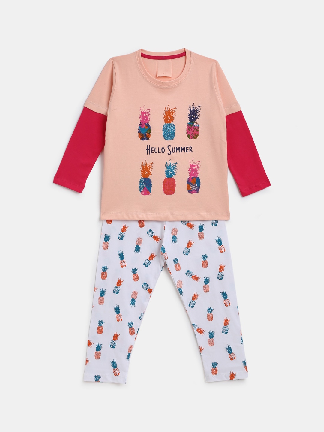 

KIDSCRAFT Girls Peach-Coloured & White Printed Night suit