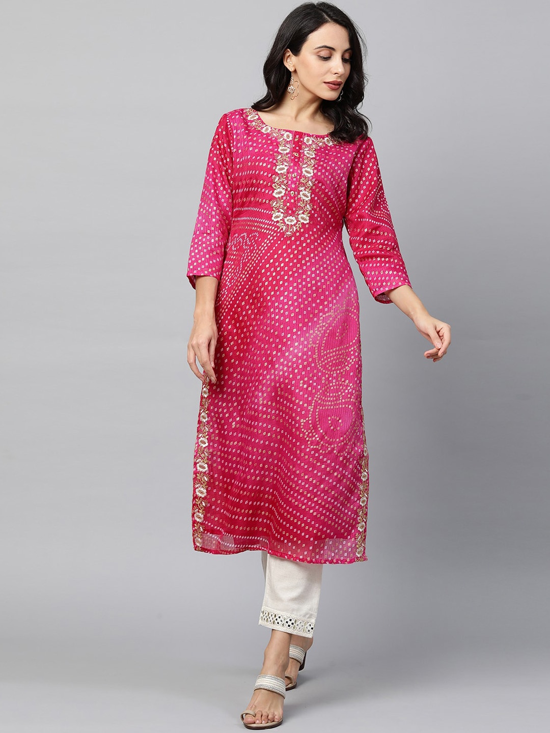 

FASHOR Women Pink Leheriya Printed Thread Work Chanderi Silk Chanderi Silk Kurta