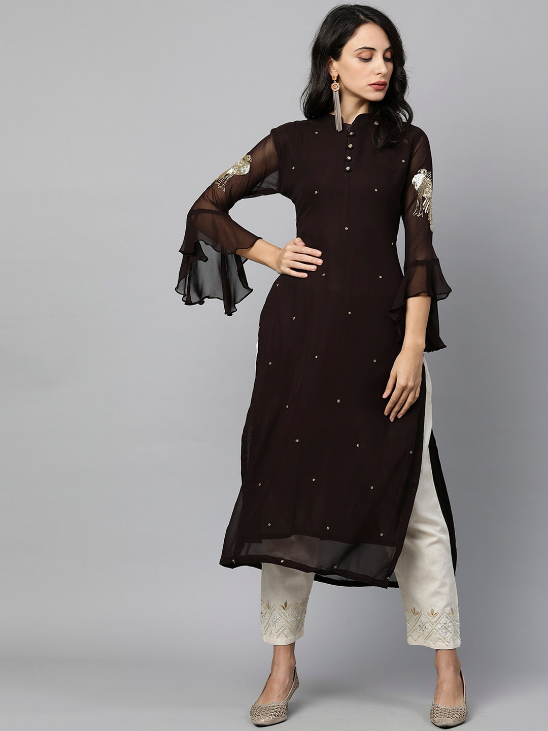 

FASHOR Women Brown Geometric Printed Flared Sleeves Thread Work Kurta