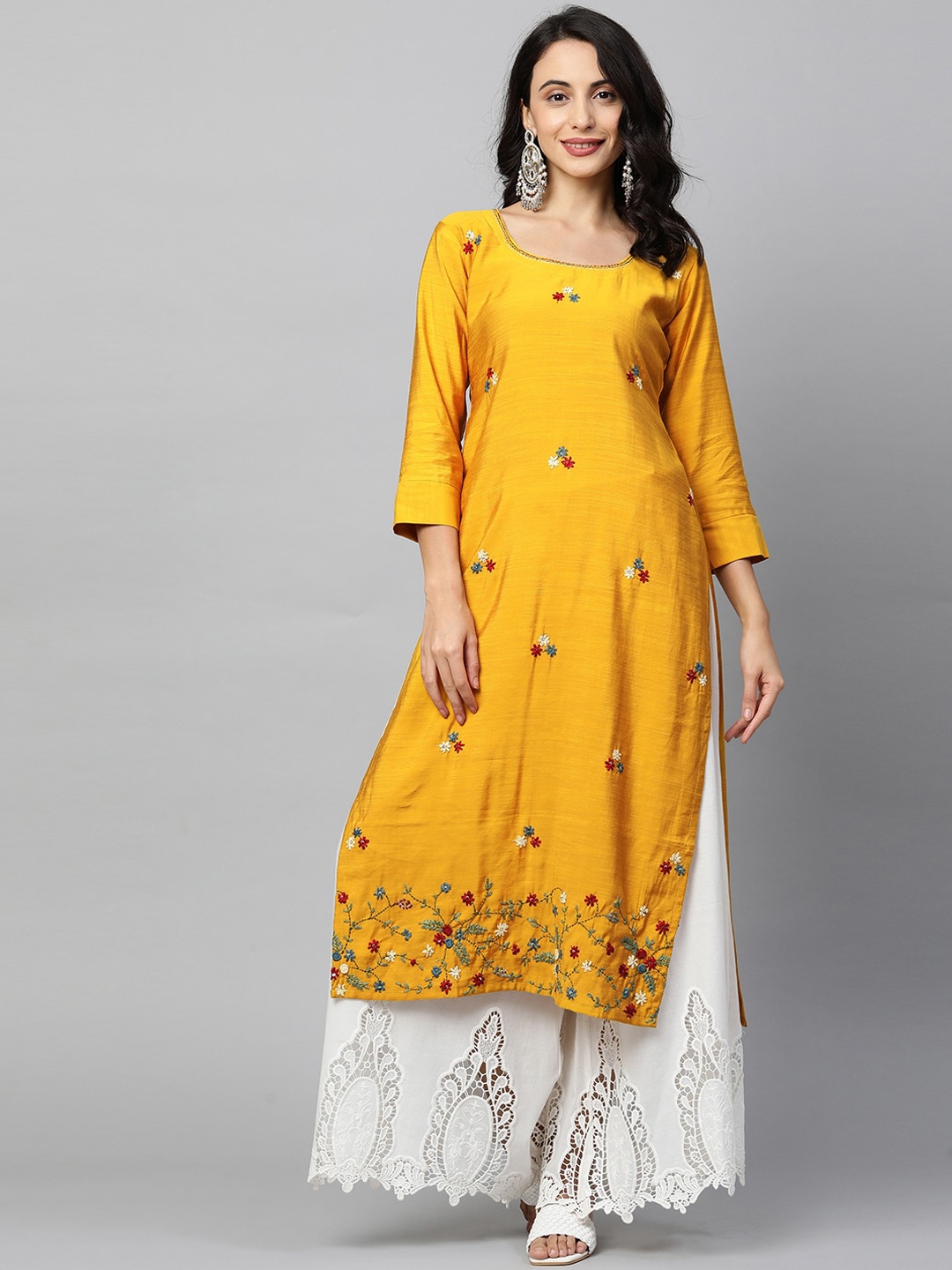 

FASHOR Women Mustard Yellow Floral Embroidered Dupion Silk Straight Kurta