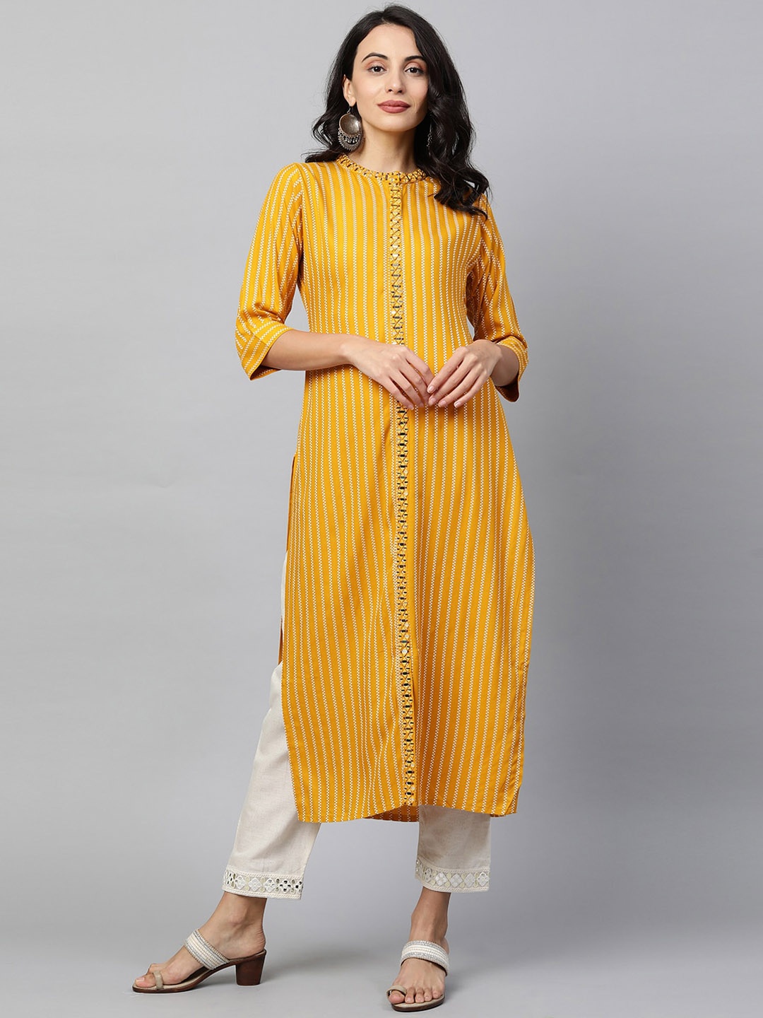 

FASHOR Women Mustard Yellow Striped Flared Sleeves Thread Work Kurta