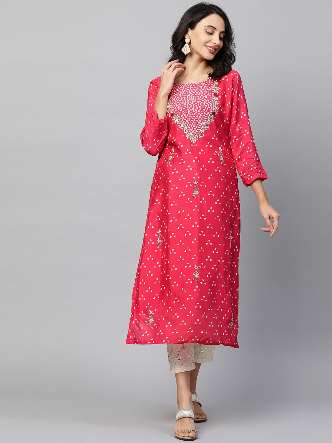 

FASHOR Women Pink Geometric Printed Thread Work Kurta
