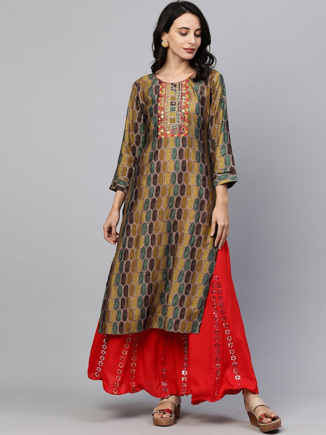 

FASHOR Women Multicoloured Ethnic Motifs Printed Keyhole Neck Flared Sleeves Kurta, Multi