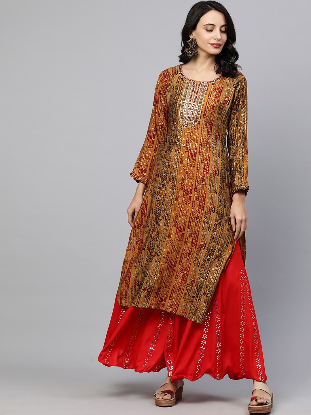 

FASHOR Women Mustard Yellow Printed Flared Sleeves Kurta