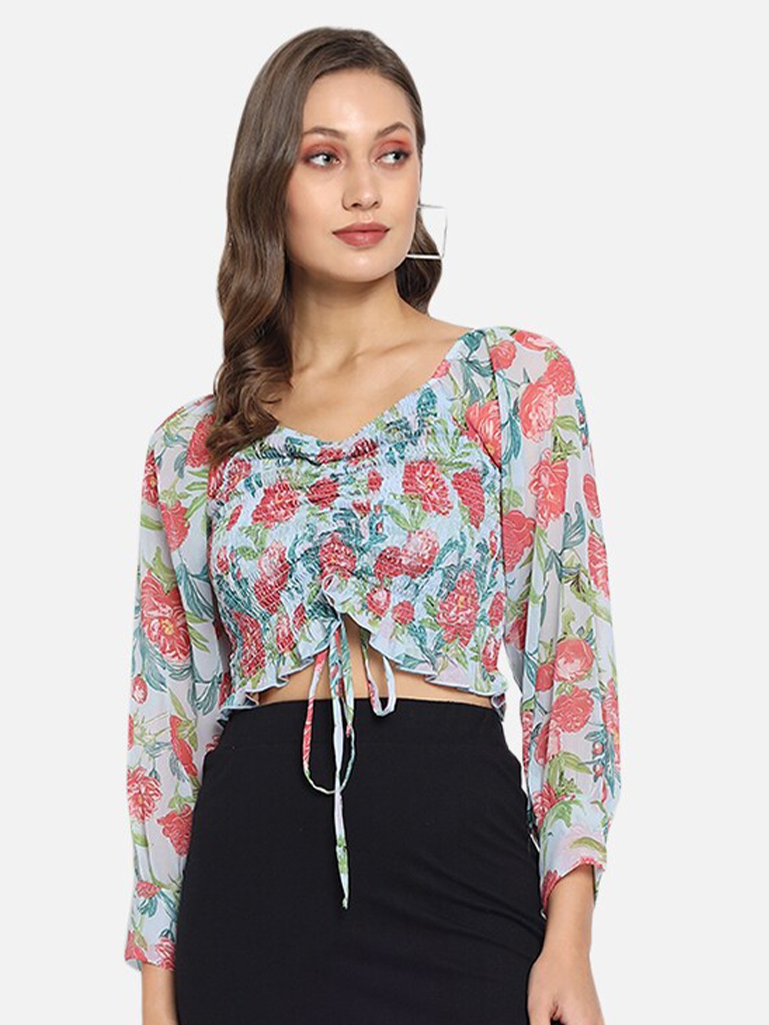 

Trend Arrest Blue Floral Georgette Blouson Crop Top