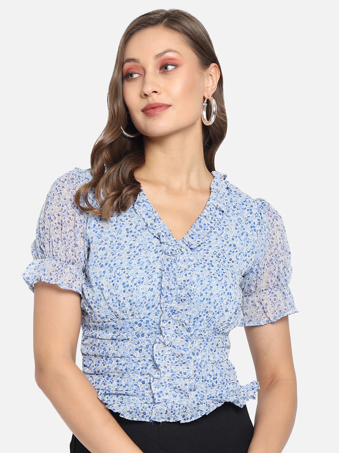 

Trend Arrest Blue Floral Georgette Cinched Waist Top