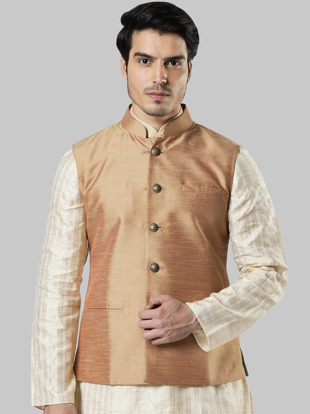 

Ethnix by Raymond Men Beige Solid Woven Nehru Jacket