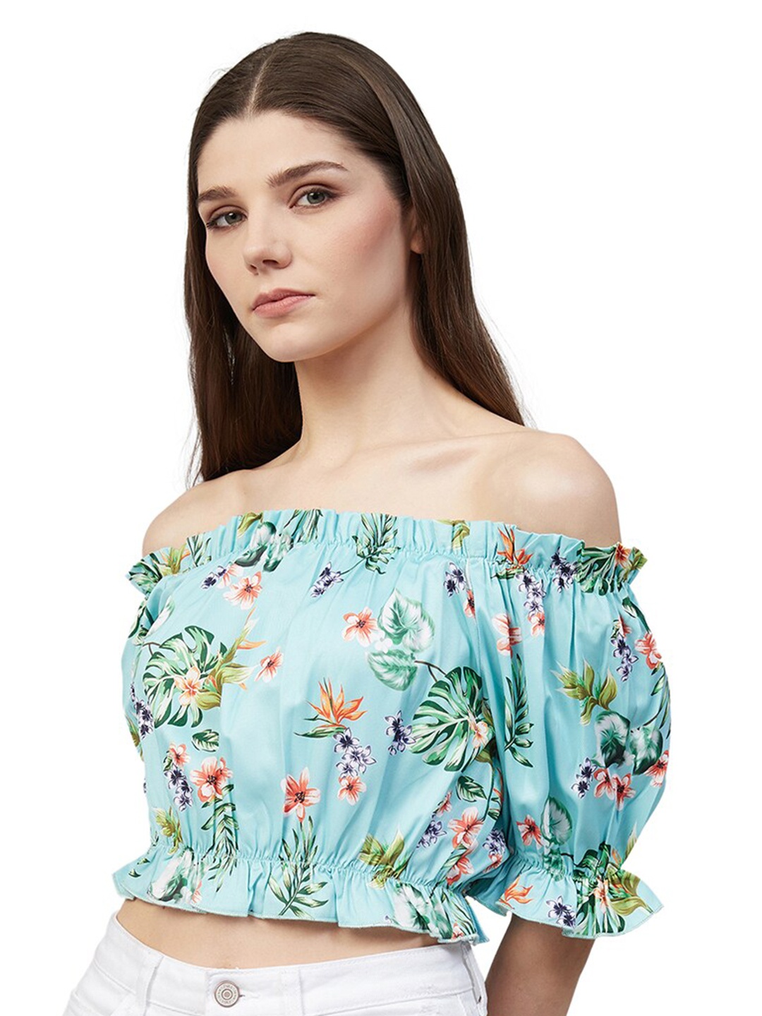 

Orchid Blues Blue Floral Off-Shoulder Bardot Crop Top