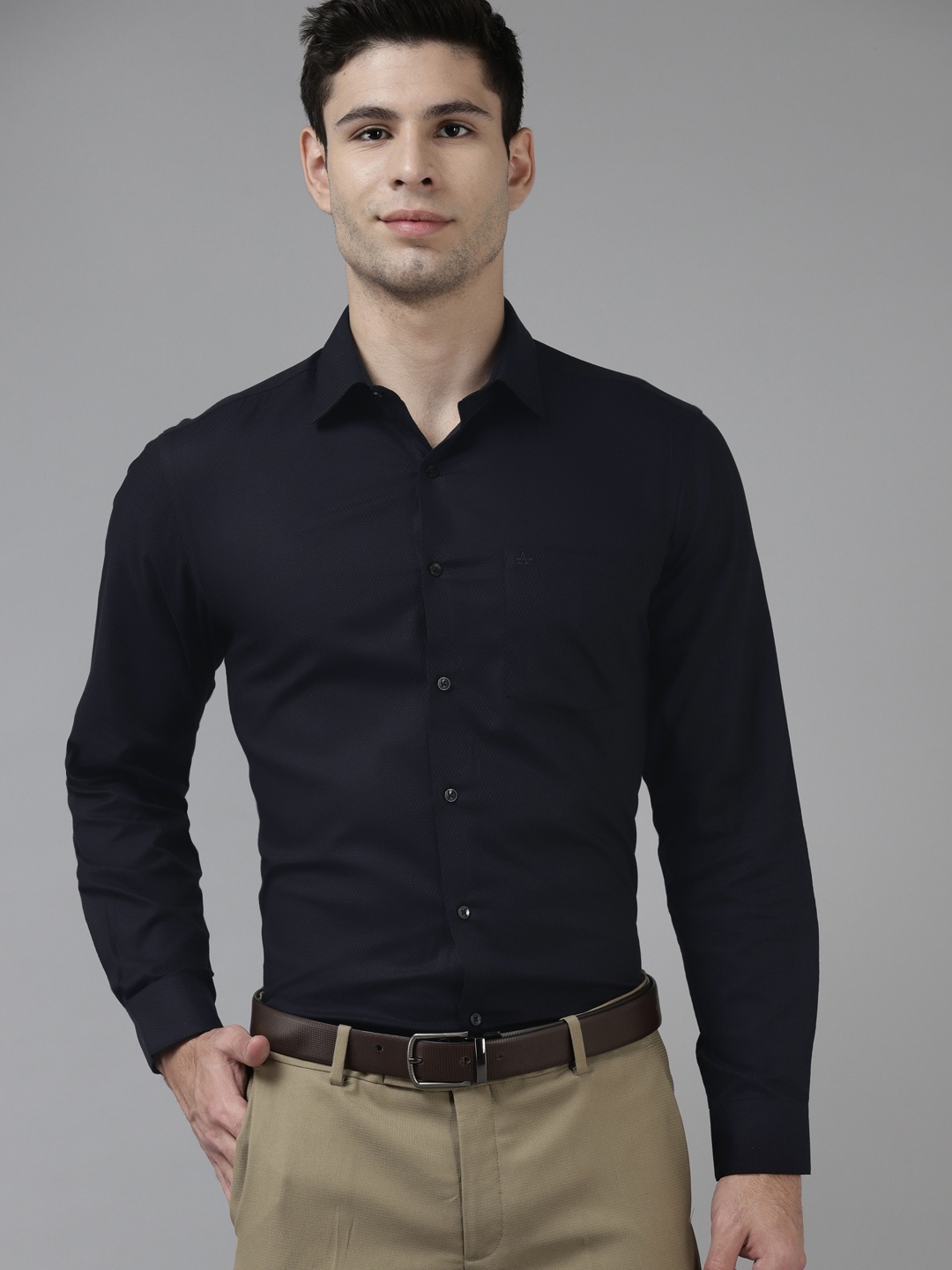 

Arrow Men Navy Blue Pure Cotton Self Design Classic Formal Shirt