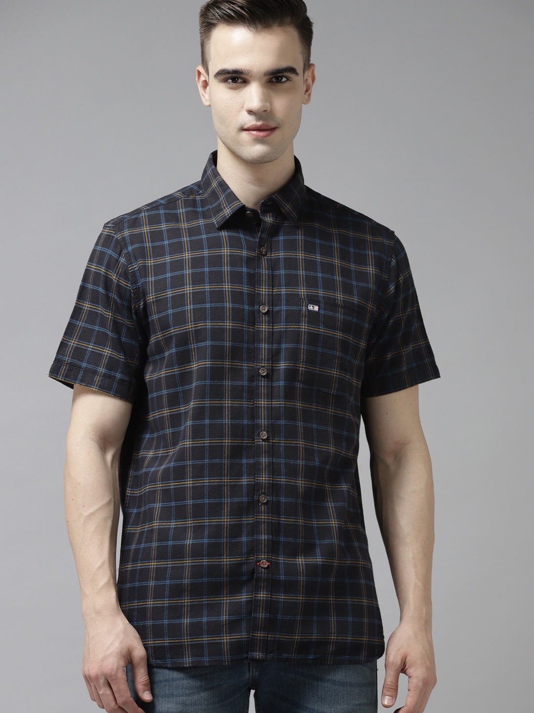 

Arrow Men Navy Blue & Yellow Pure Cotton Tartan Checks Casual Shirt