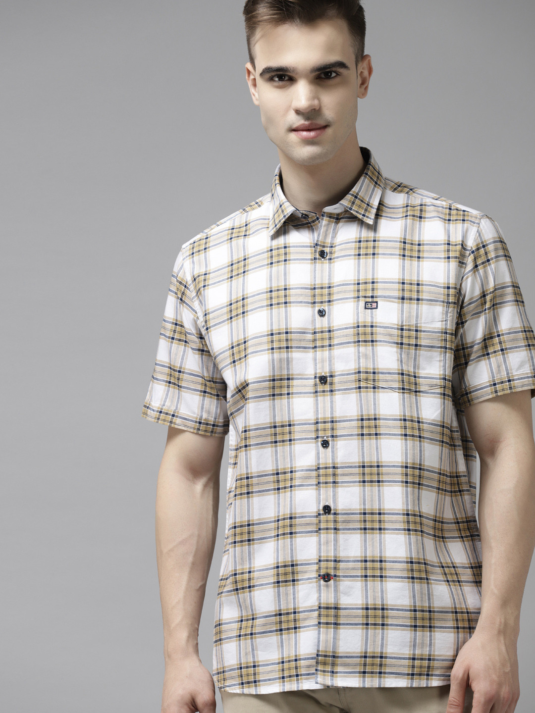 

Arrow Men White & Beige Pure Cotton Slim Fit Tartan Checked Shirt