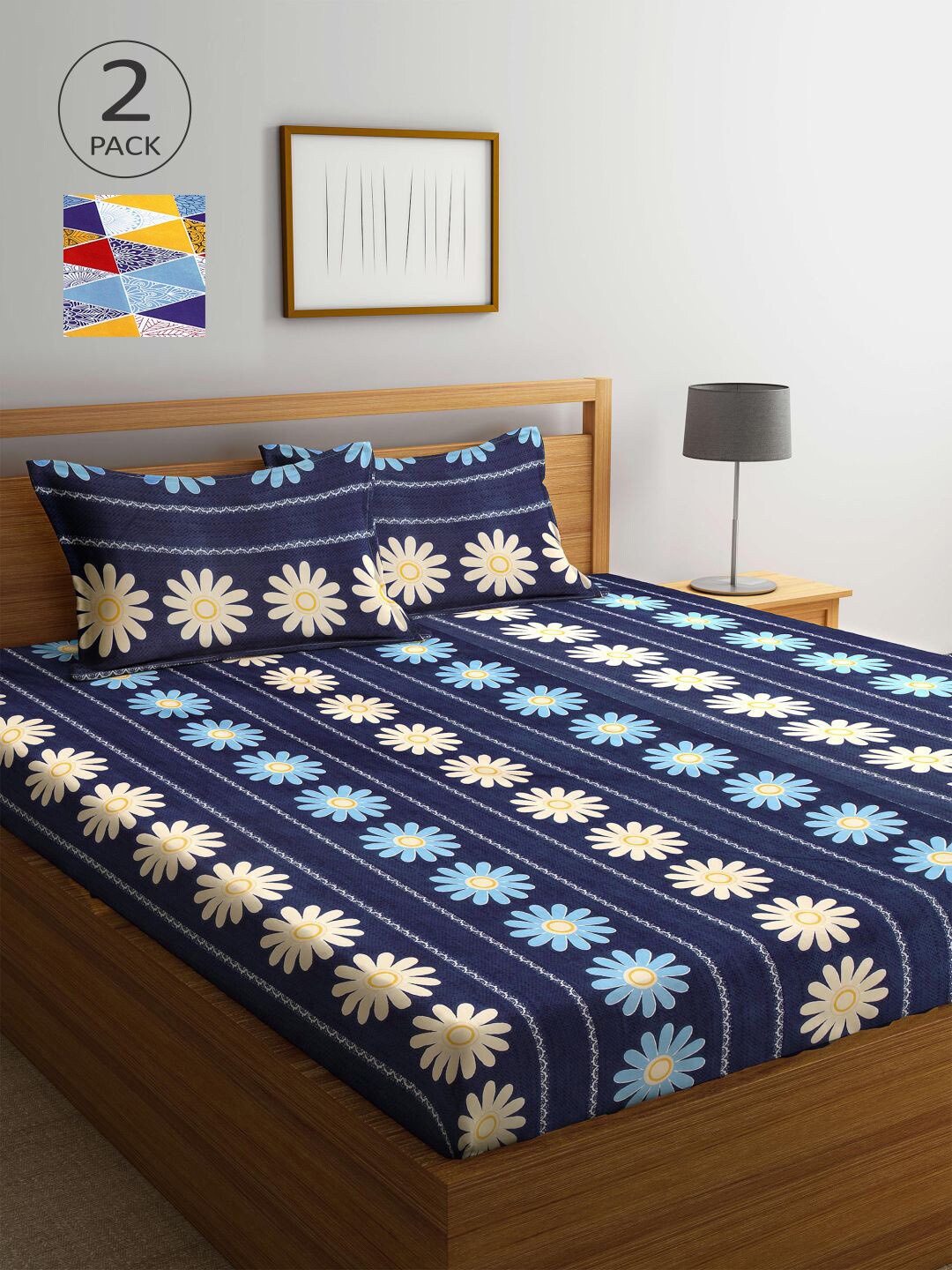 

KLOTTHE Blue & Yellow Floral 210 TC 2 King Bedsheet with 4 Pillow Covers