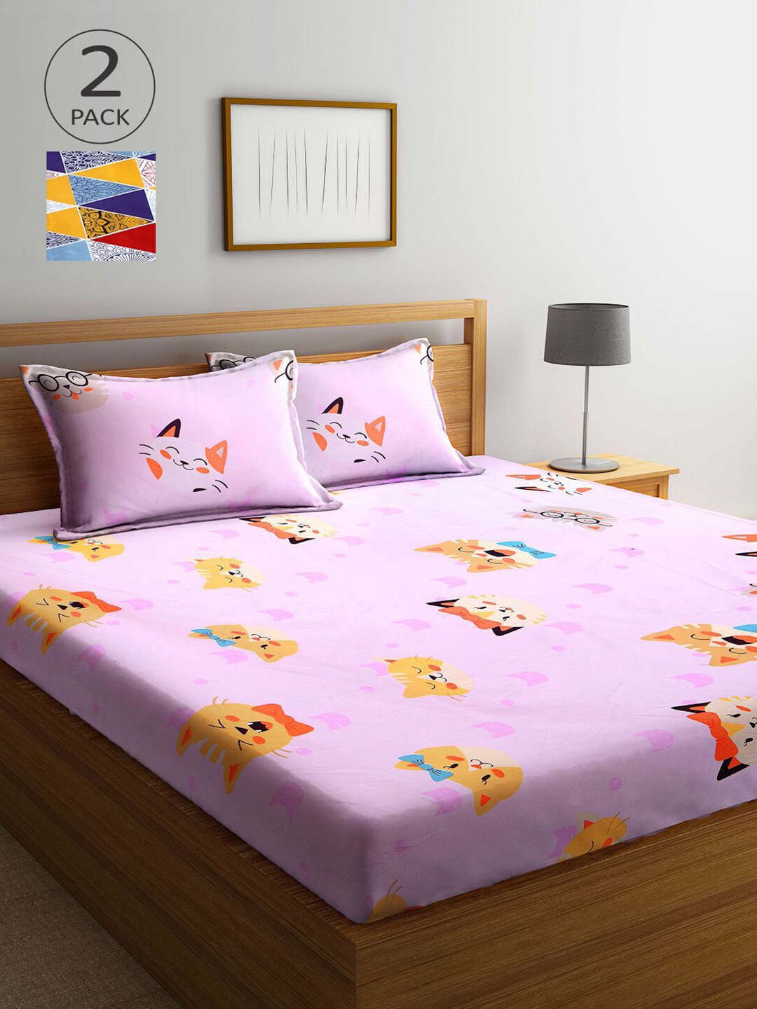 

KLOTTHE Blue & Pink Cartoon Characters 210 TC 2 King Bedsheet with 4 Pillow Covers