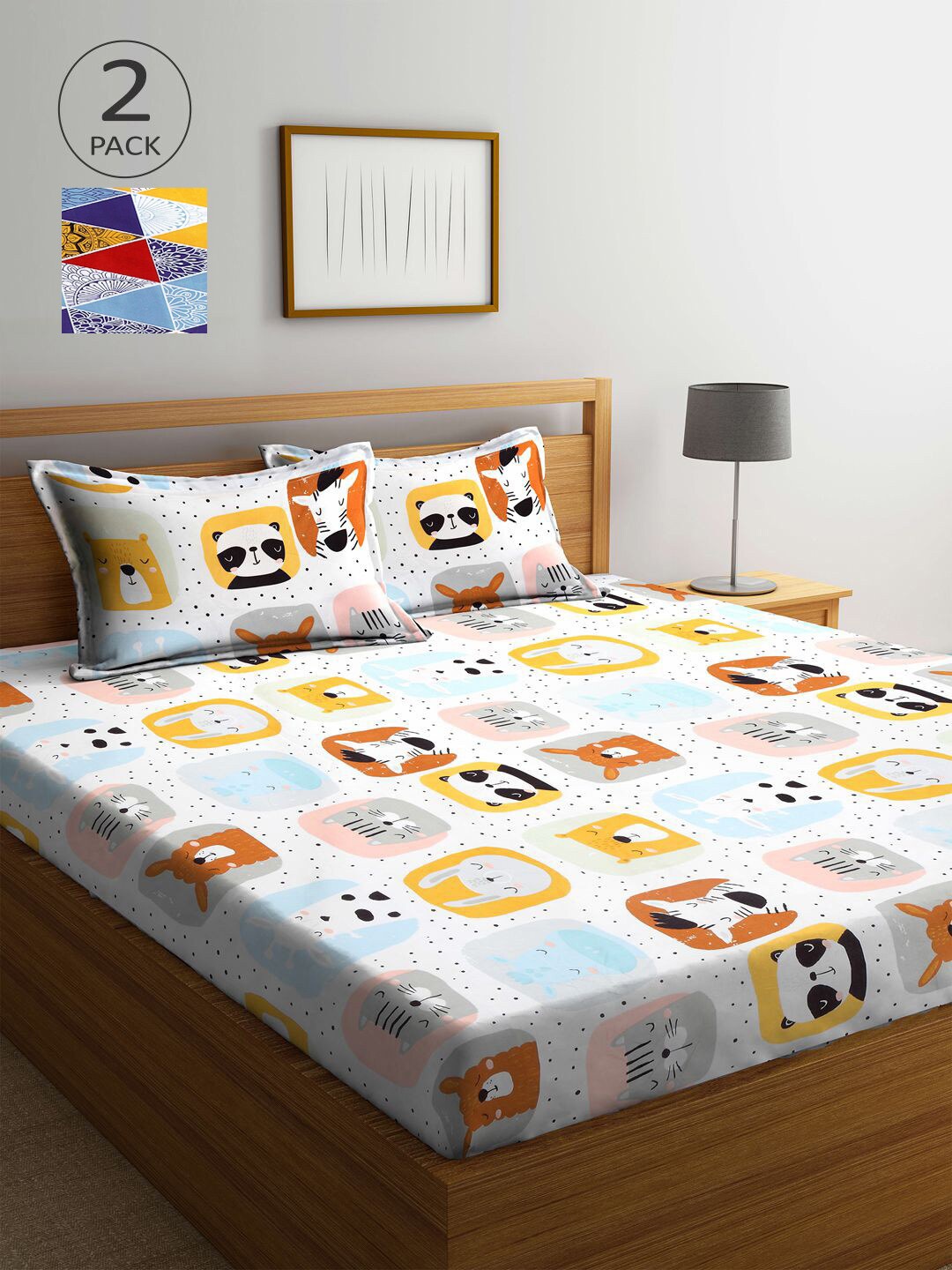 

KLOTTHE White & Blue Cartoon Characters 210 TC 2 King Bedsheet with 4 Pillow Covers