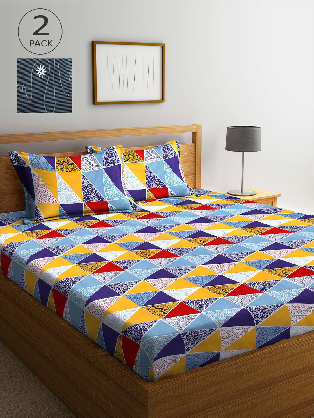 

KLOTTHE Blue & Grey Geometric 210 TC 2 King Bedsheet with 4 Pillow Covers