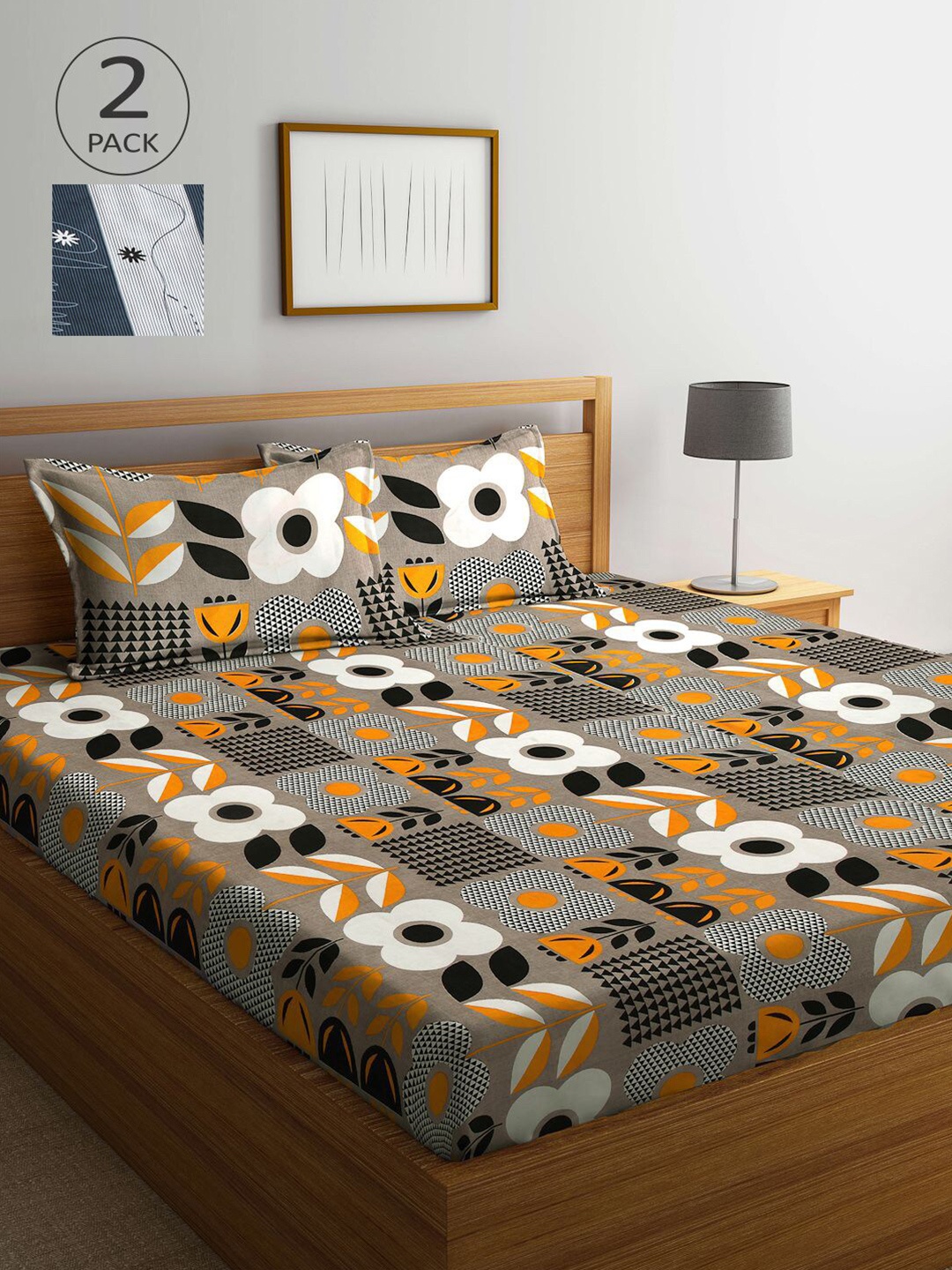 

KLOTTHE Grey & Yellow Floral 210 TC 2 King Bedsheet with 4 Pillow Covers