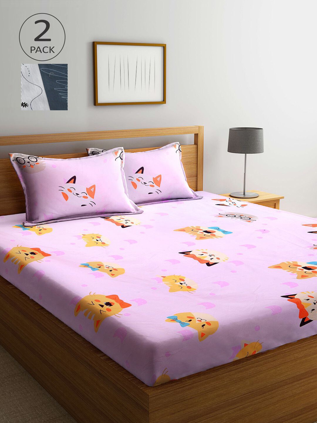 

KLOTTHE Grey & Pink Cartoon Characters 210 TC 2 King Bedsheet with 4 Pillow Covers
