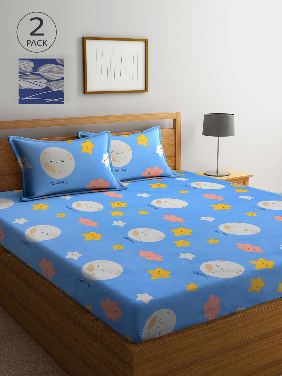 

KLOTTHE Blue & Yellow Cartoon Characters 210 TC 2 King Bedsheet with 4 Pillow Covers