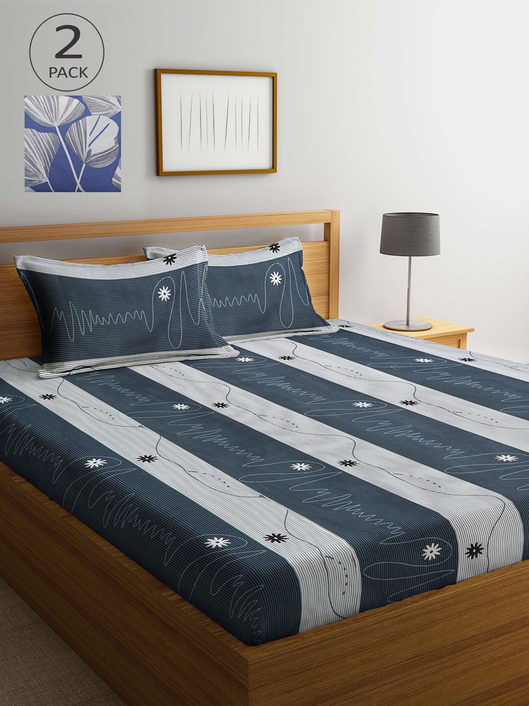 

KLOTTHE Grey & Blue Striped 210 TC 2 King Bedsheets with 4 Pillow Covers